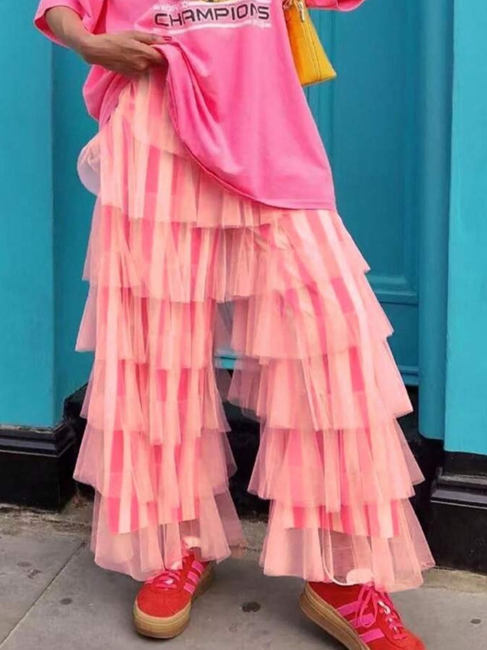 Women's Long Tiered Ruffled Tulle Pants High Waist Stripe Print Layered Mesh